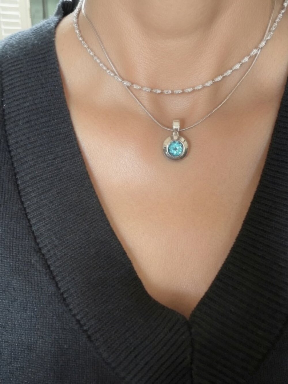 Sterling Silver Snake Chain Necklace with Blue Topaz Pendant, 16"